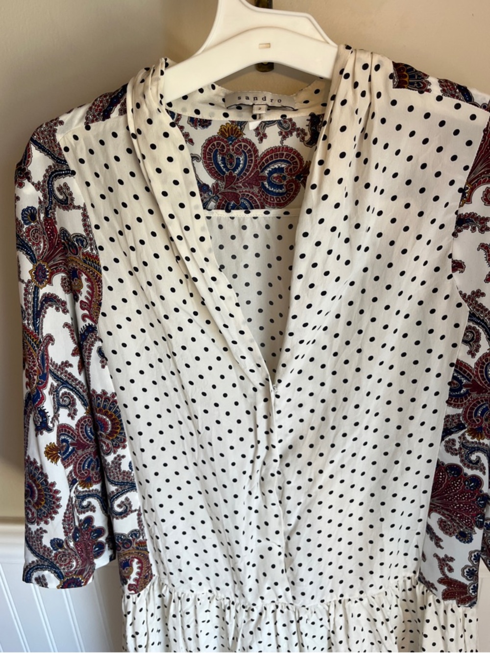 Sandro 100% Silk Mixed Print Polka Dot Paisley Drop Waist Dress - Size 2 / Small - Picture 2 of 11